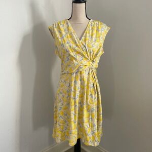 LANDS' END‎ Women's SIZE 10-12 MEDIUM Twist Accent LEMON PRINT DRESS Cap Sleeve